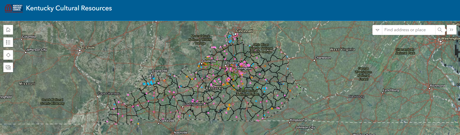 Screenshot from Cultural Resources Interactive Map showing map points around Kentucky that house cultural resources